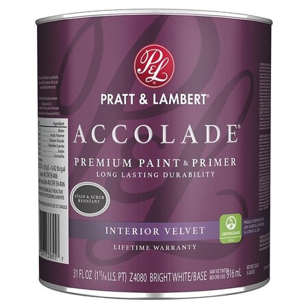 Pratt & Lambert ACCOLADE Z4000 Interior Premium Paint and Primer, Velvet, Bright White, 1 qt Can 0000Z4080-14